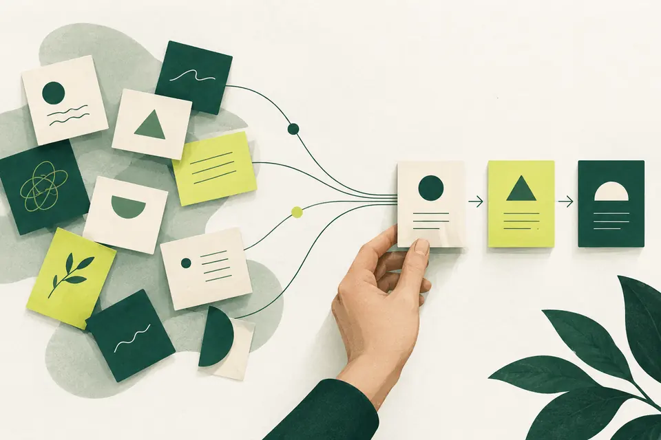 Illustration : une main organise des tâches dispersées en un parcours de travail clair.